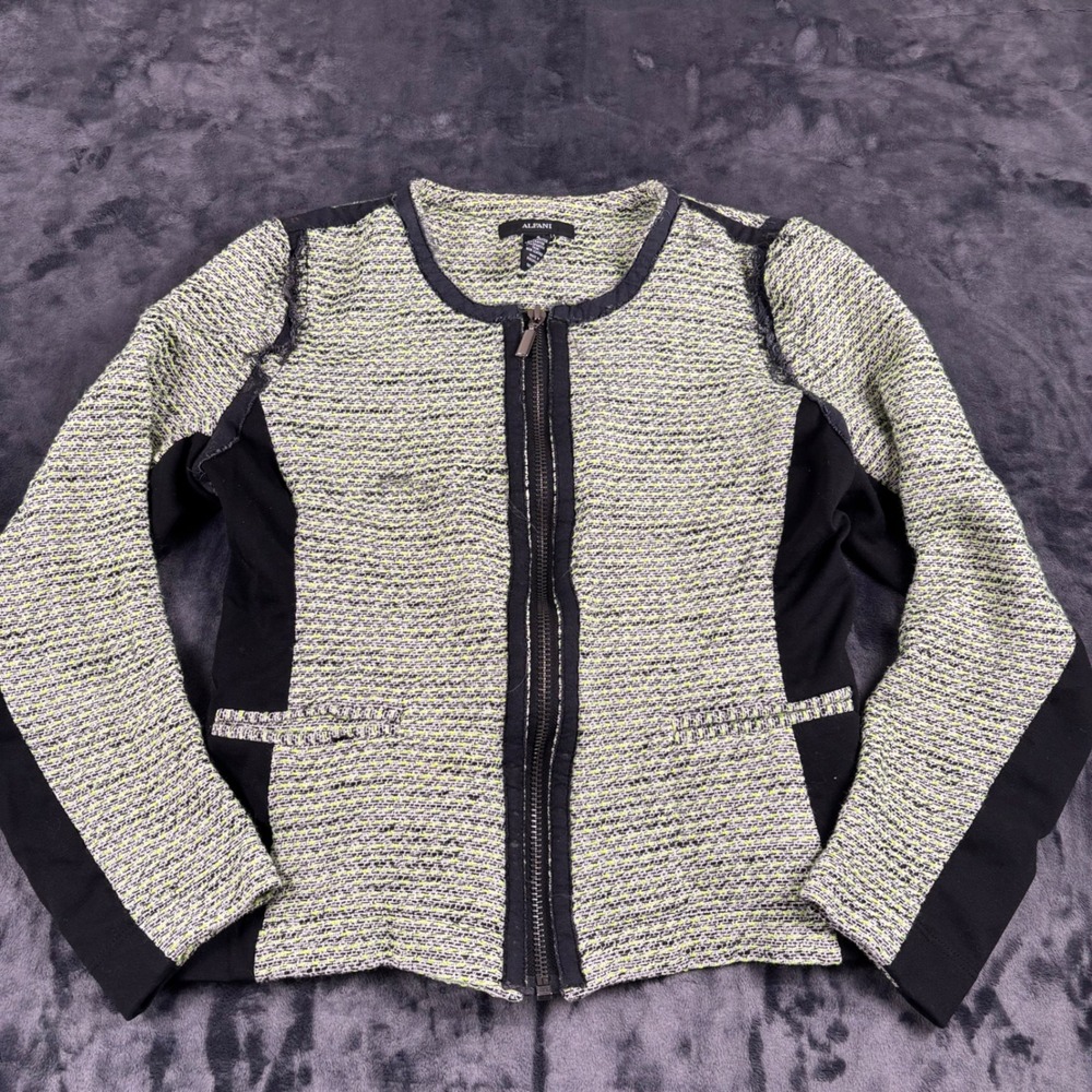 Alfani Jacket Womens 4 Yellow Black Tweed Full Zip Mixed Media Blazer